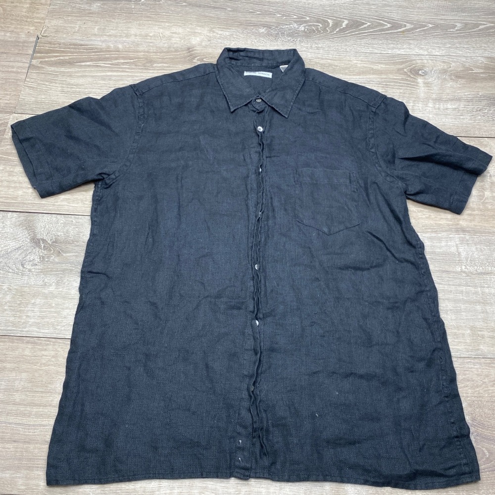 Martin Gordon Linen Button Down Shirt Mens XL Black Short Sleeve Summer Casual